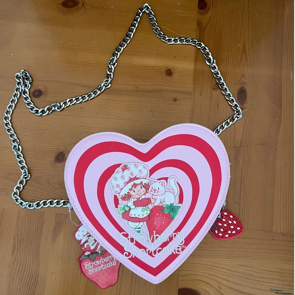 Strawberry Shortcake Heart Crossbody Bag Pink Red Chain Strap Novelty Purse